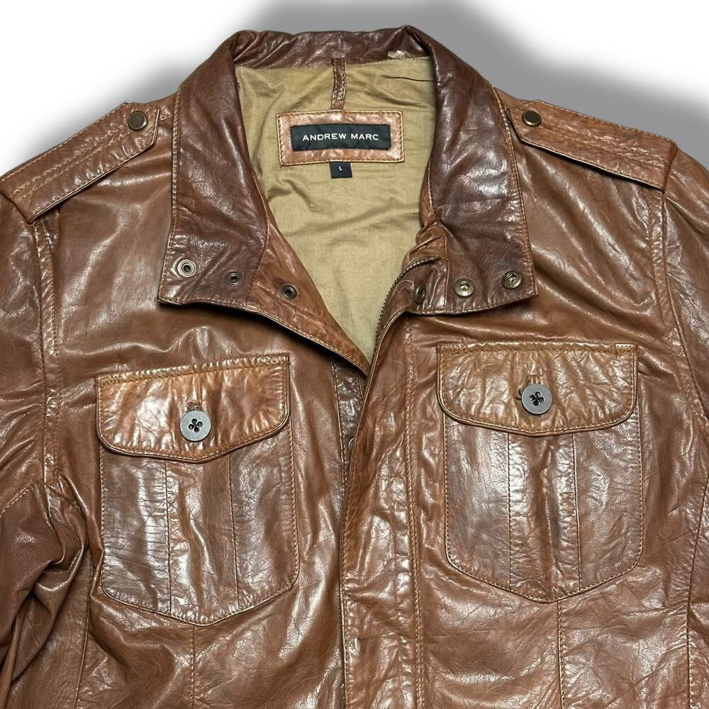 Andrew Marc Brown Leather Utility Moto Chore Jacket Mackinaw Style Sz L - Picture 5 of 10